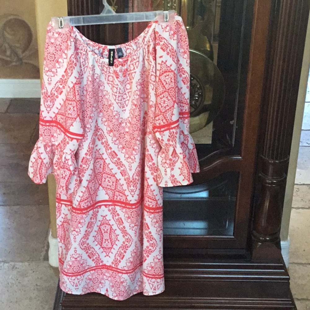 Red & White Bateau Neck 3/4 length Bell Sleeve Sundress,